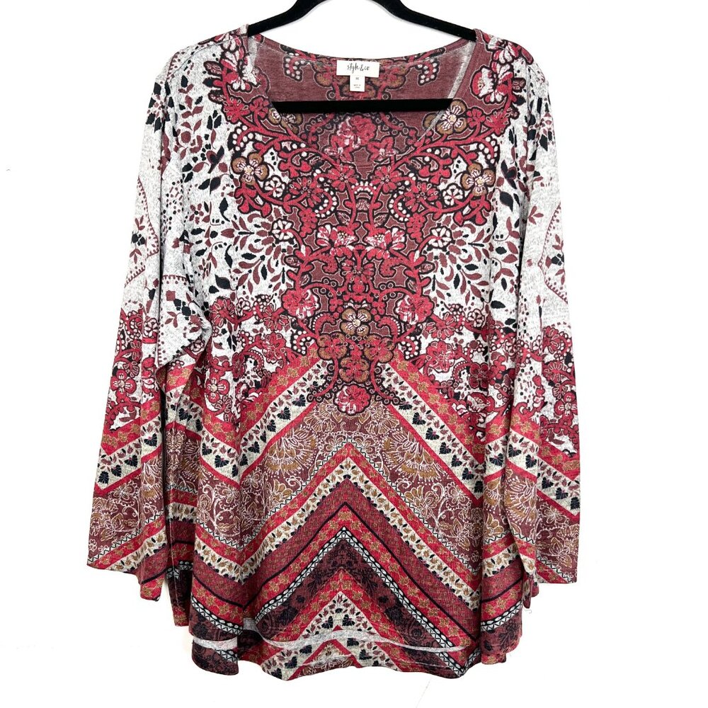 Style & Co Red Floral Boho Soft Knit Long Sleeve Top Plus Size 3X